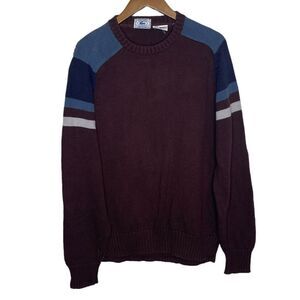 Vintage Lacoste Men's Crewneck Sweater - Burgundy and Blue EUC